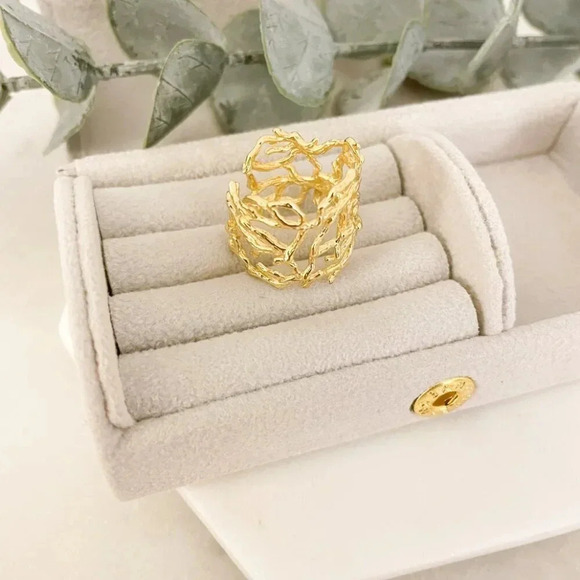 925 Sterling Silver Gold Textured Ring Vine Coral Tree Branch Ring Boho Ring - Picture 7 of 9